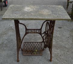 Metal Singer sewing machine base with marble top - 80cm wide x 74cm tall Please note descriptions