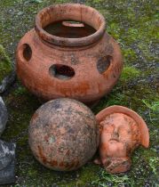 Terracotta strawberry pot - 40cm dia x 40cm tall together with a terracotta orb and wall pocket