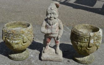 Pair of goblet urns - 27cm tall together with a gnome - 43cm tall Please note descriptions are not