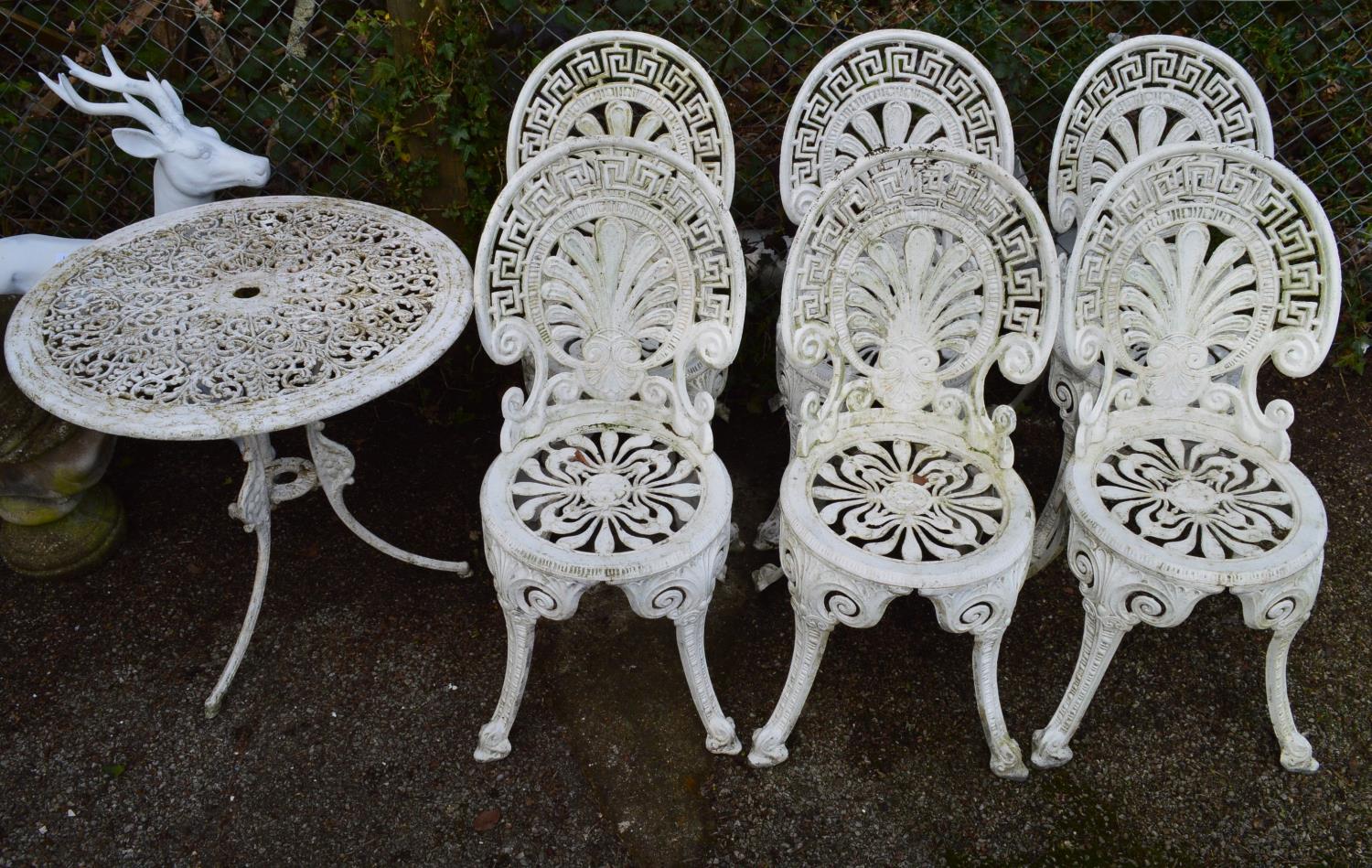 Painted aluminium patio table and six chairs Please note descriptions are not condition reports,