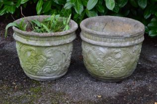 Pair of circular planters with floral decoration - 41cm x 37cm tall Please note descriptions are not
