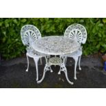 White painted aluminium circular garden table - 73cm dia x 69cm tall together with two chairs Please