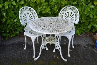 White painted aluminium circular garden table - 73cm dia x 69cm tall together with two chairs Please