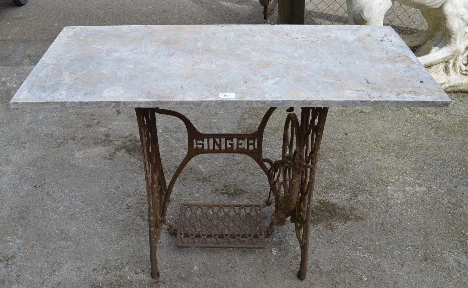 Metal Singer sewing machine base with marble top - 107cm wide x 74cm tall Please note descriptions