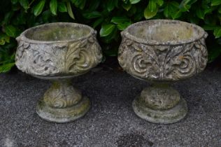 Pair of shallow circular leaf decorated urns - 46cm dia x 51cm tall Please note descriptions are not
