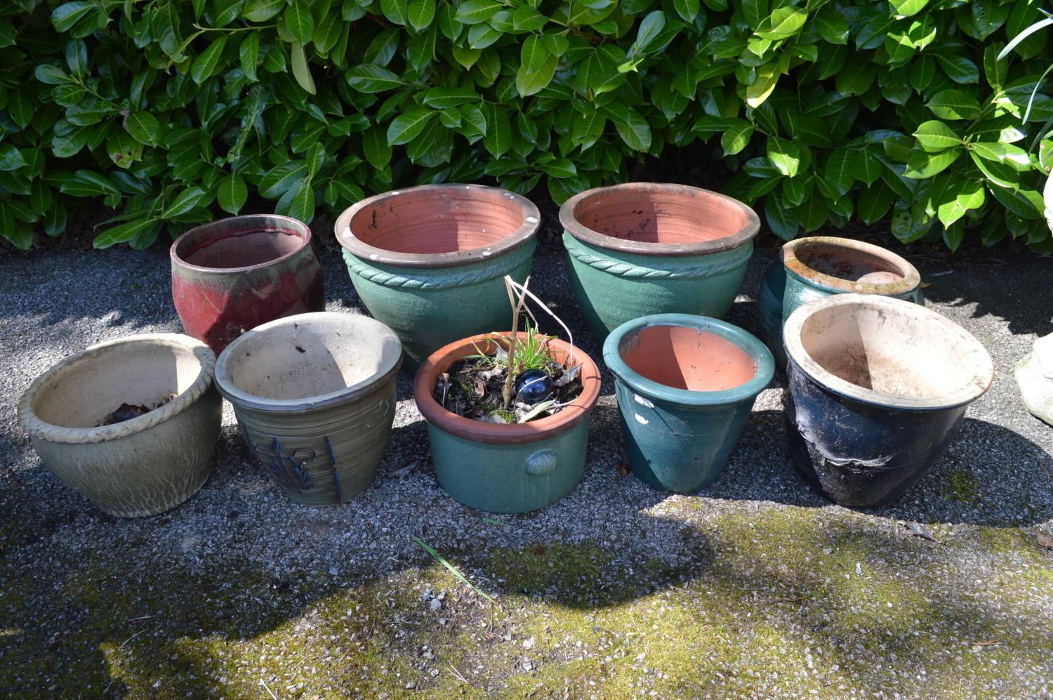 Group of nine various glazed plant pots - largest 37cm dia x 31cm tall Please note descriptions