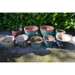 Group of nine various glazed plant pots - largest 37cm dia x 31cm tall Please note descriptions