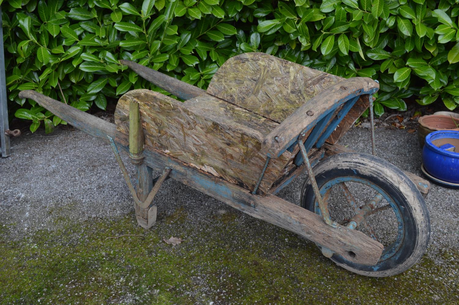 Wooden constructed wheel barrow with iron wheel and pneumatic tyre - 69cm x 170cm x 67cm tall Please