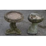 Two small bird baths with tree and fish formed bases - 41cm and 45cm tall Please note descriptions