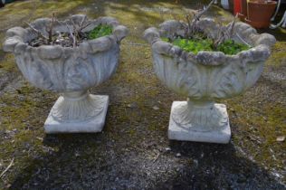 Pair of leaf decorated garden urns - 50cm dia x 44cm tall Please note descriptions are not condition