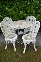 White painted aluminium circular garden table - 80cm dia x 67cm tall with four garden chairs