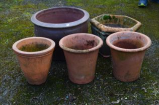 Group of four terracotta plant pots and one large glazed planter - 52cm dia x 42cm tall Please
