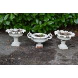Pair of shallow painted iron urns - 32cm x 27cm tall together with one other iron two handled