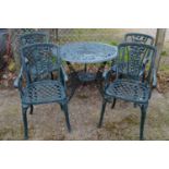 Green painted aluminium garden table and four elbow chairs with rose decoration - table 92cm x