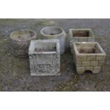 Group of five square and circular planters - largest square planter - 31cm x 29cm tall Please note