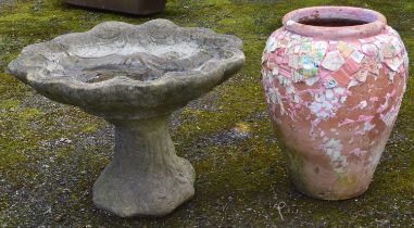 Shell shape topped bird bath - 54cm x 40cm tall together with a mosaic urn Please note