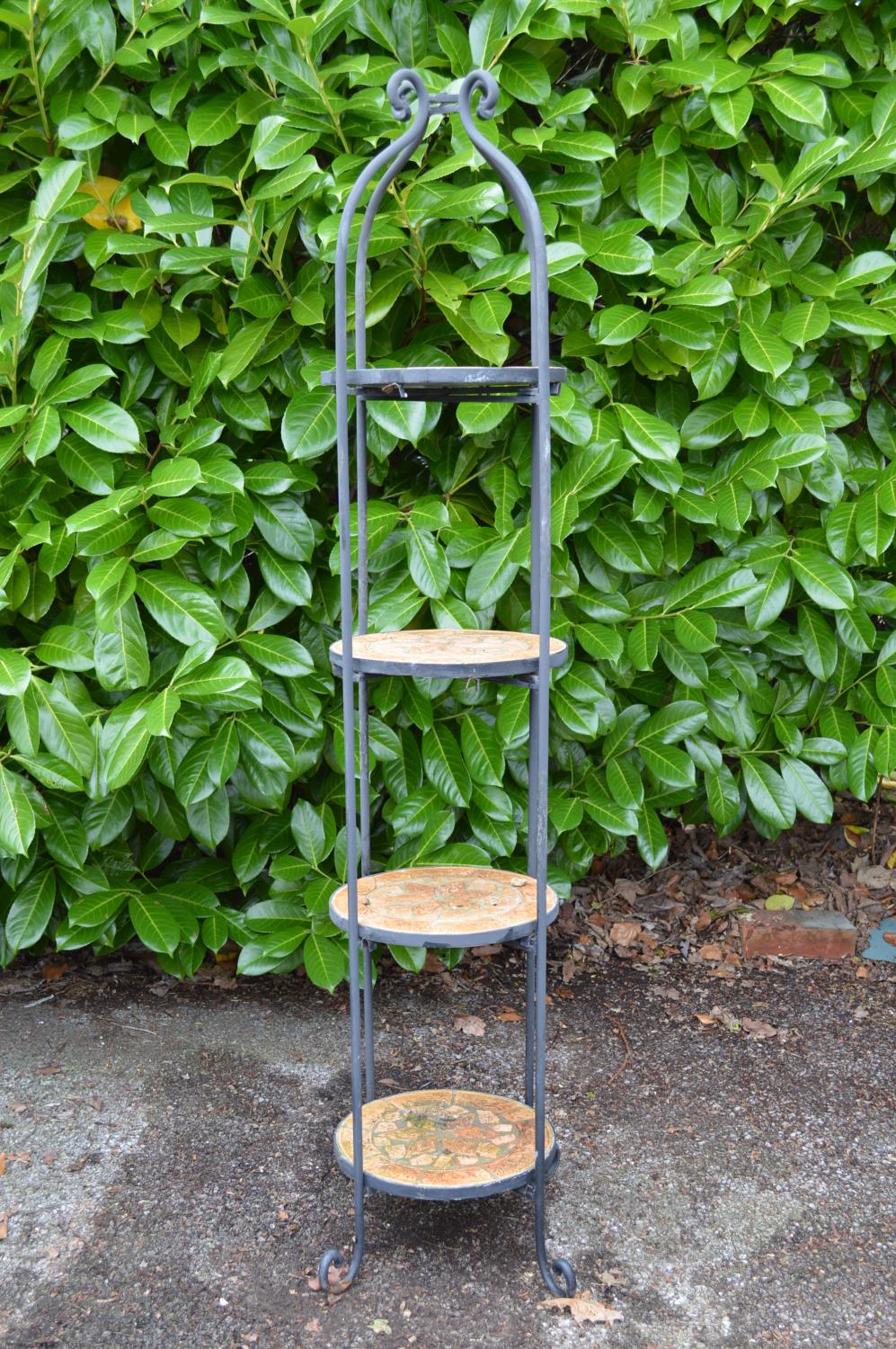 Metal framed plant stand with four terracotta mosaic tiers - 29cm x 148cm tall Please note