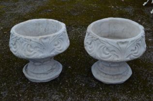 Pair of shallow circular urns with stylised leaf design - 41cm dia x 39cm tall Please note