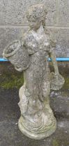 Statue of a young lady holding baskets, standing on circular bases - 70cm tall Please note