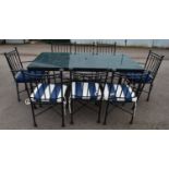 Rectangular glass top metal table -96cm x 183cm x 80cm tall together with eight chairs Please note
