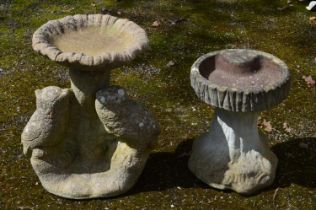 Circular bird bath with owl formed base - 31cm dia x 46cm tall together with one other small bird