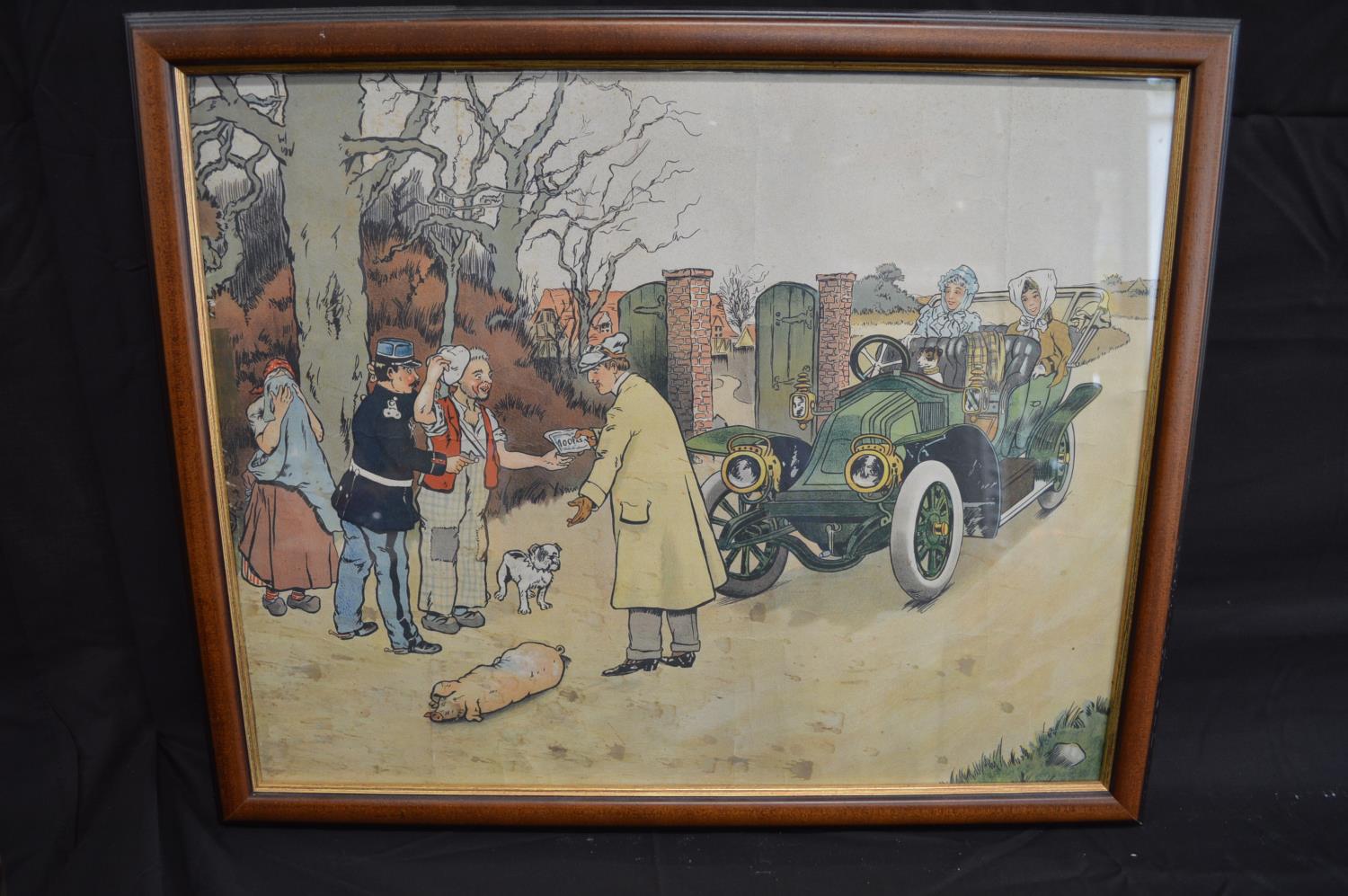 Albert Beerts (?) print of a Frenchman paying compensation for hitting a pig in his Veteran car,