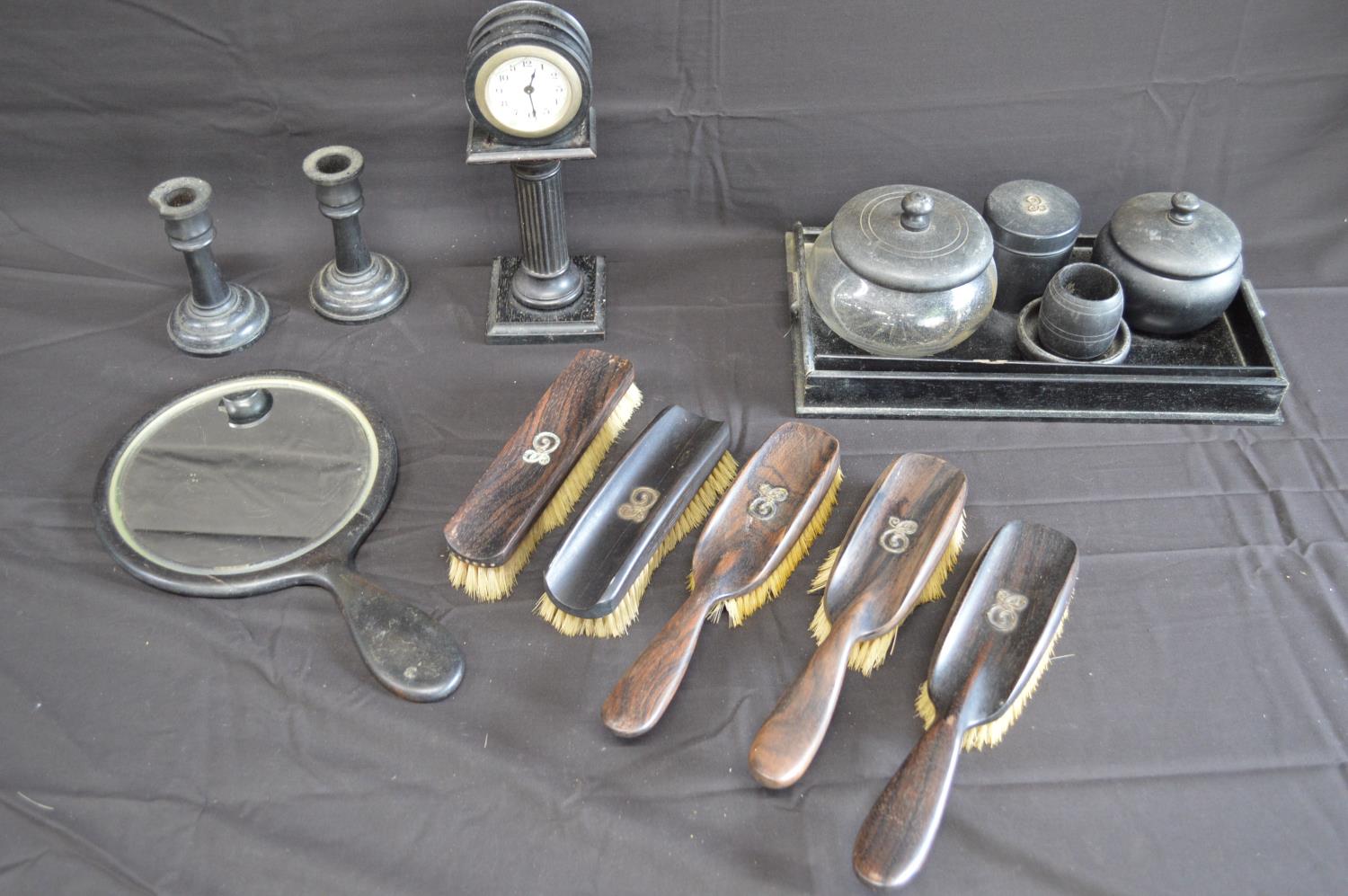 Group of ebony dressing table items to include: hand mirror, brushes, pots and clock etc Please note - Image 2 of 3