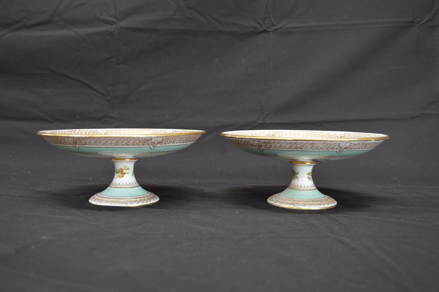 Pair of Continental porcelain tazza's each decorated with central panel of fruit with pale green and - Image 2 of 3