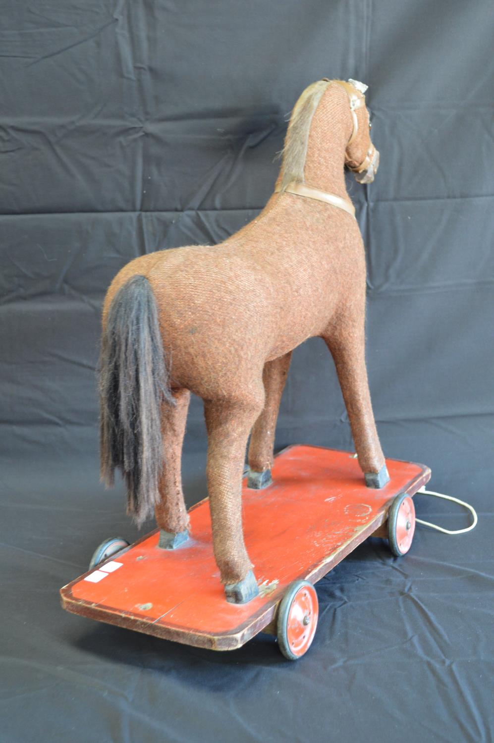 Vintage childs pull-a-long horse with wooden hoofs and mouth, standing on painted wooden base with - Image 4 of 4