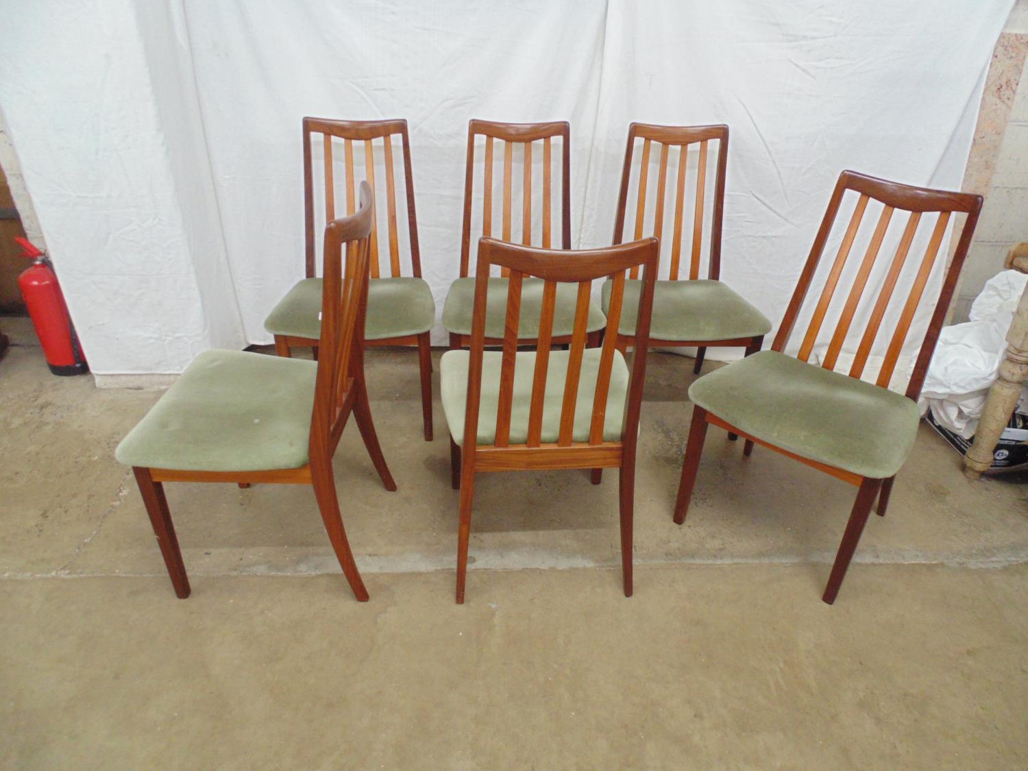 Set of six mid century G-Plan teak dining chairs having slatted backs and padded seats, standing - Image 6 of 6