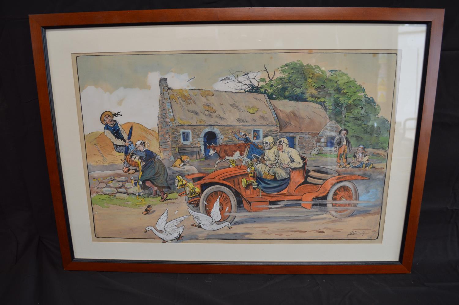 G Germain (?) gouache on paper of a Veteran car speeding past a farmyard scaring the animals, signed