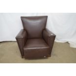 Brown leatherette Art Deco style club armchair on oak feet - 87cm x 83cm x 88cm tall Please note