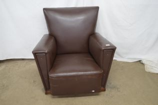 Brown leatherette Art Deco style club armchair on oak feet - 87cm x 83cm x 88cm tall Please note