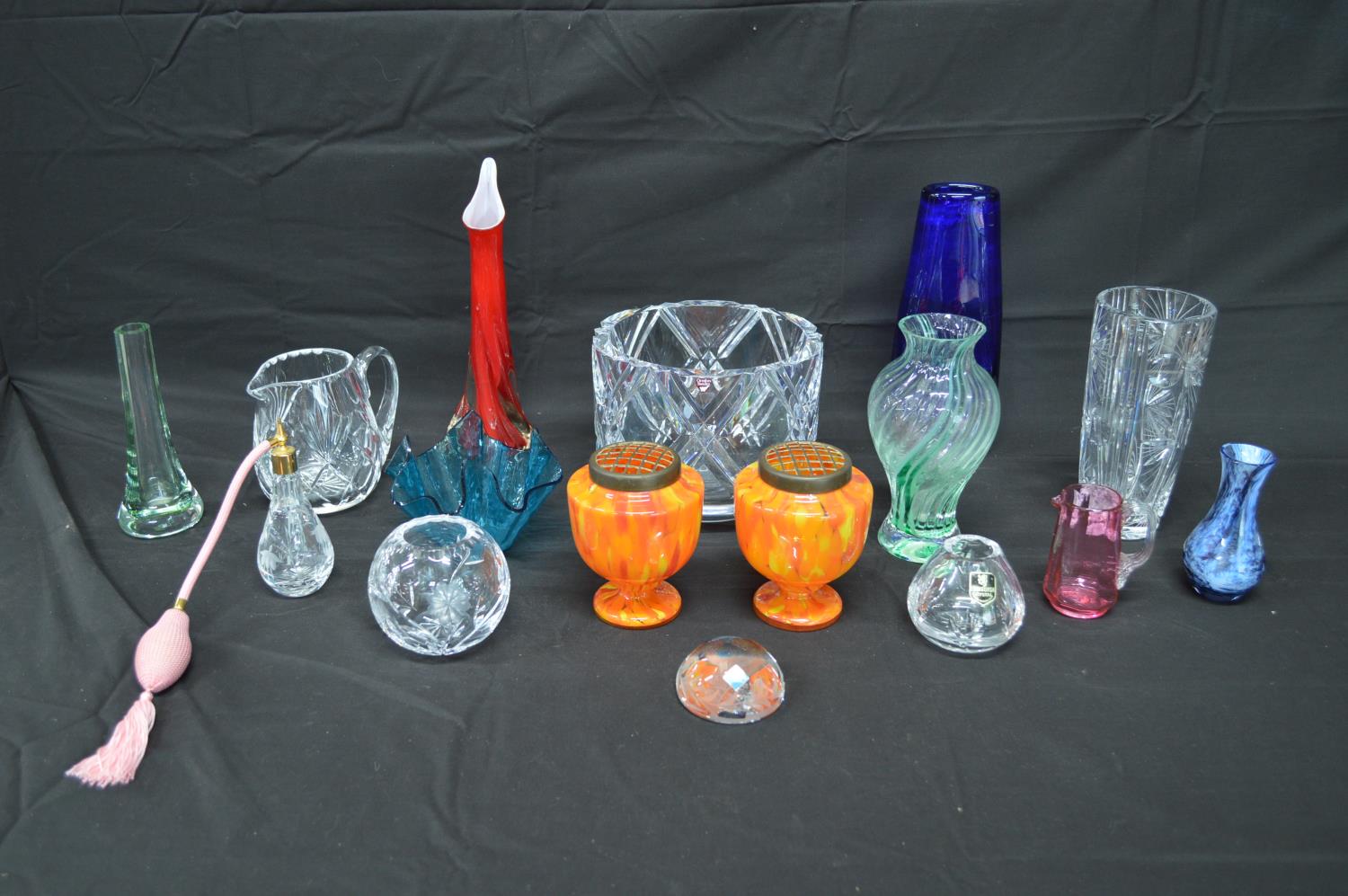 Collection of glassware to include: Orrefors bowl - 20cm wide, blue handkerchief vase, Cranberry