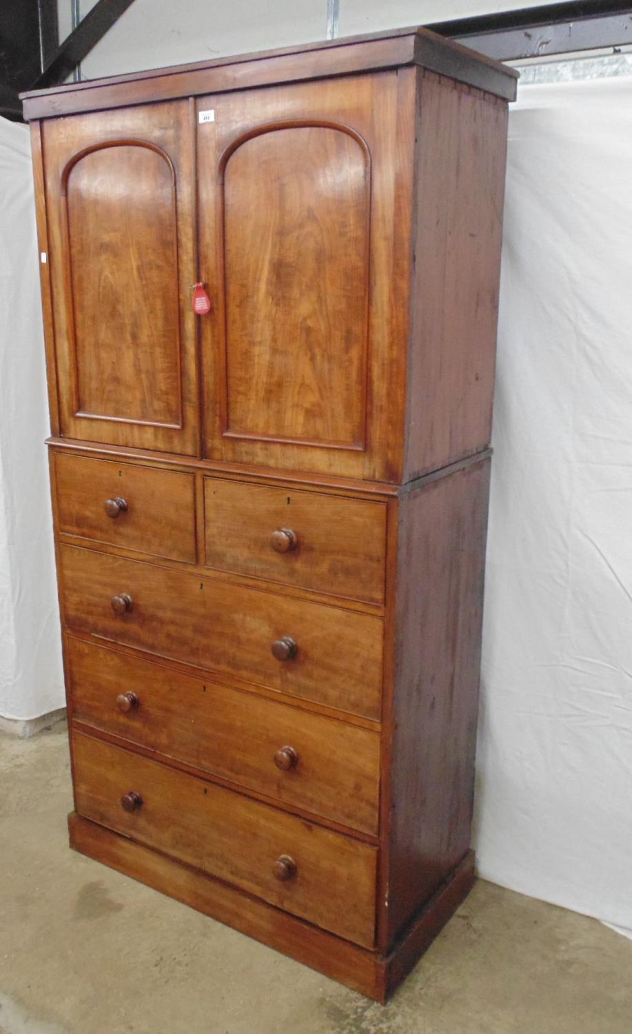 Victorian mahogany cupboard on chest the arched panelled doors opening to a single fixed shelf - Image 2 of 7
