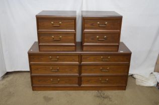 Modern oak effect low six drawer chest of drawers - 140cm x 45cm x 63cm tall together with a pair of