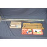 Oak EJ Riley snooker scoreboard together with pool cue, set of snooker balls and three billiard