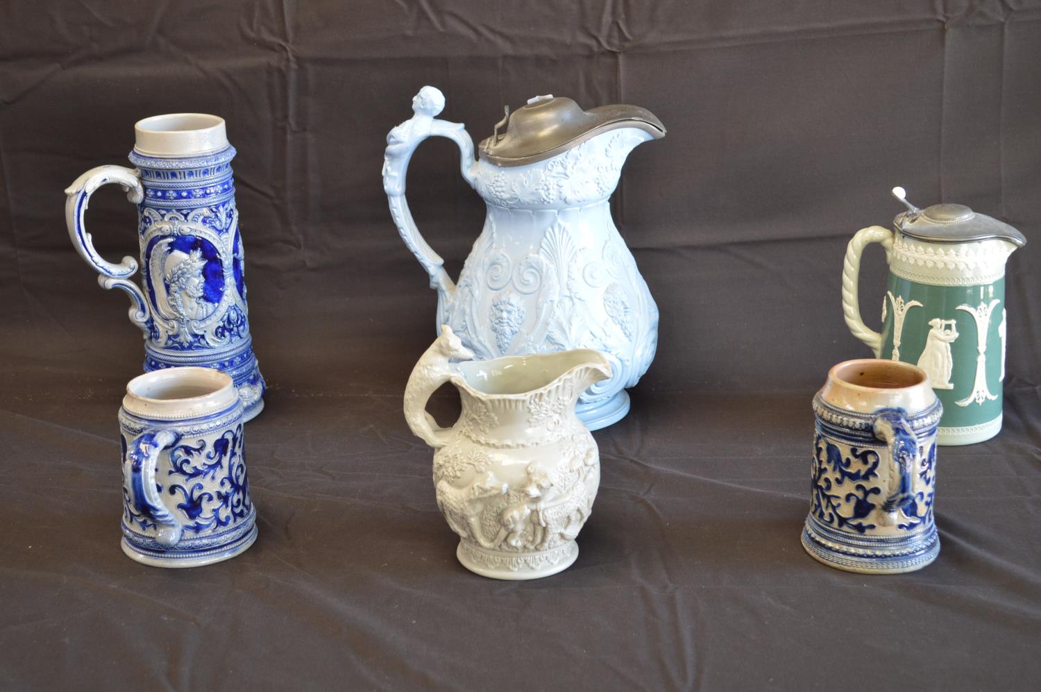 Group of ceramics to include: two tankards, beer stein, two salt glaze pitchers and Dudson pewter - Image 2 of 3