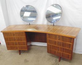 Mid century walnut dressing table having two circular mirrors over a concave top with eight
