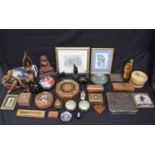 Collection of sundry items to include: wooden boxes, carved wooden figures, chess pieces and cased