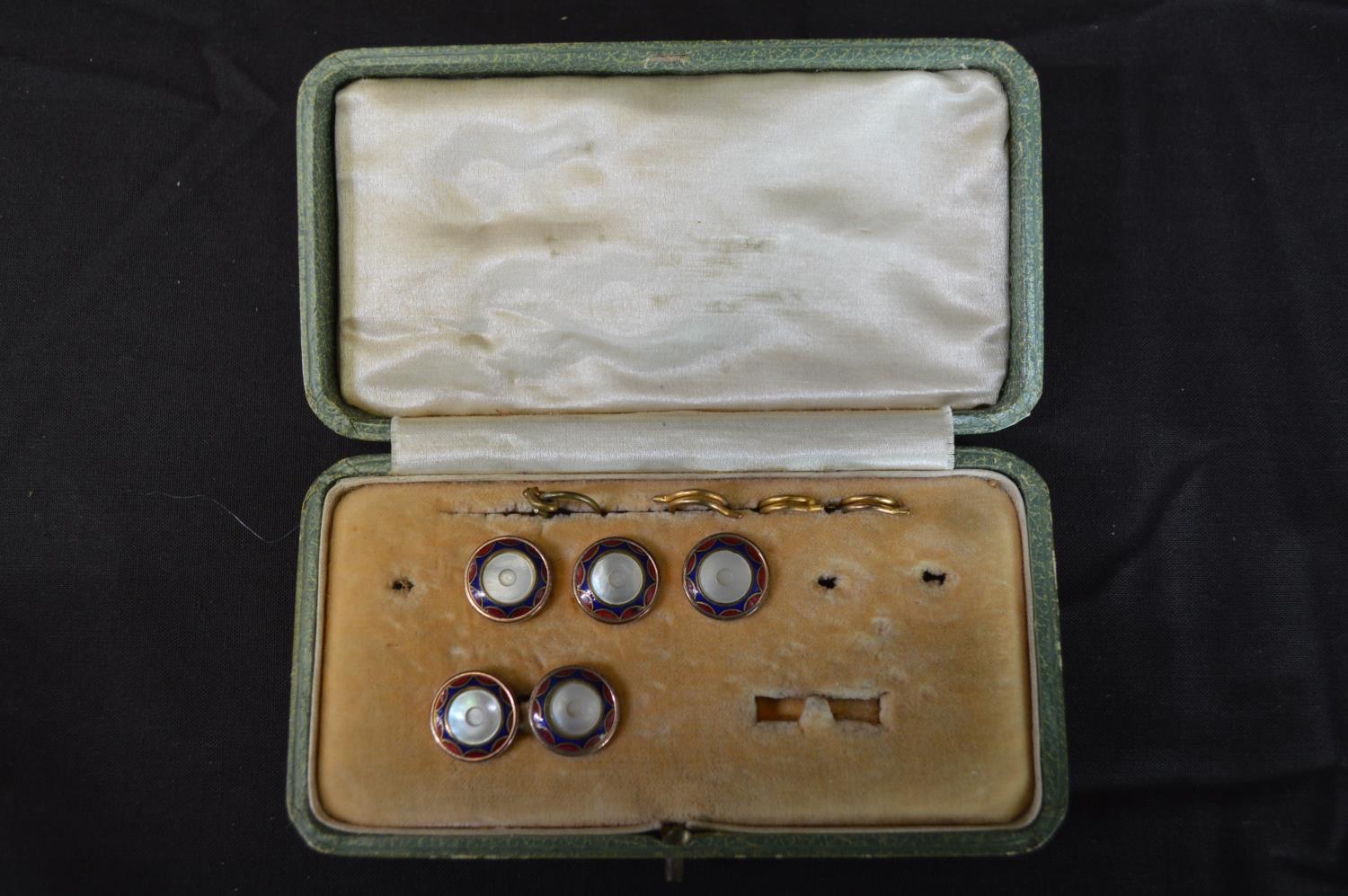 Cased set of six yellow metal and Mother of Pear buttons (four fasteners missing) together with - Image 4 of 5