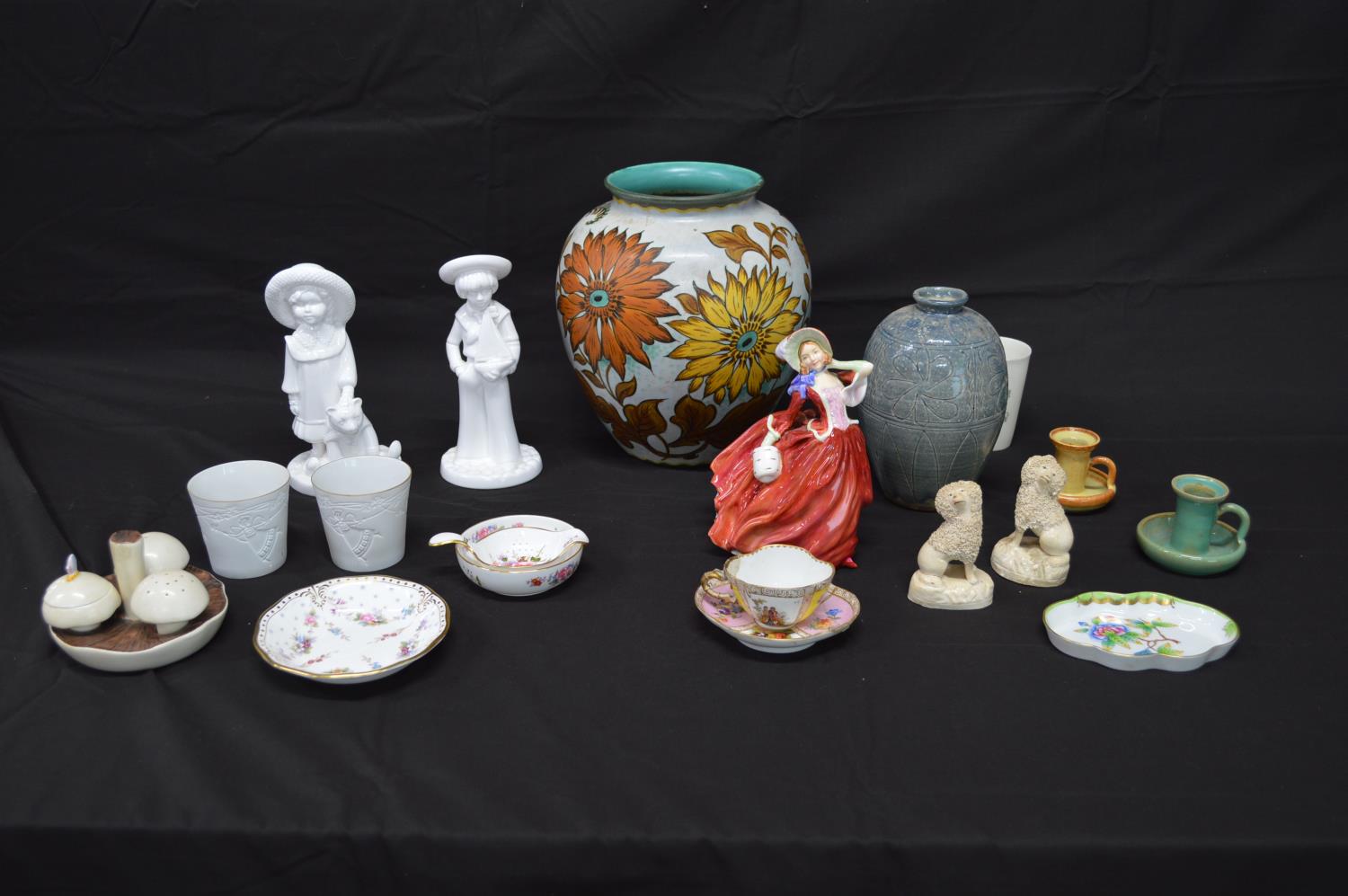 Quantity of ceramics to include: Gouda 4820 vase - 25.5cm tall, two Dickerware chamber sticks,