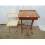 Pine school desk with left up top and ink well - 62cm x 46cm x 84cm tall together with a yellow