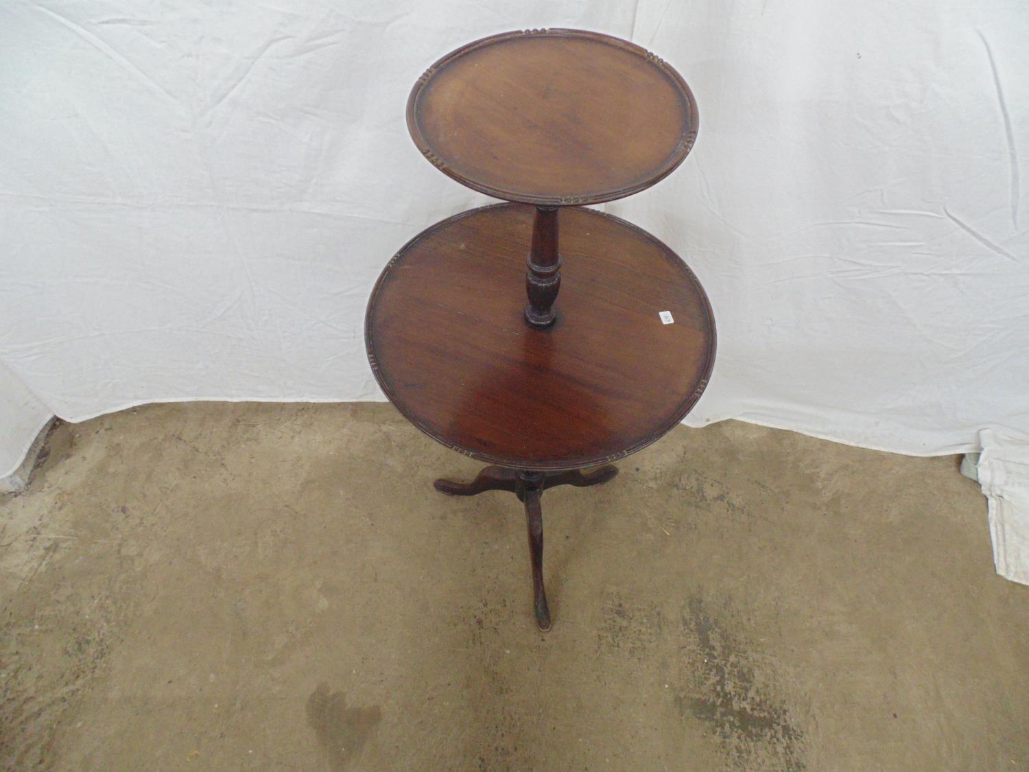 Mahogany two tier dumb waiter on turned column ending in three cabriole legs - 50cm dia x 107cm tall - Image 2 of 3