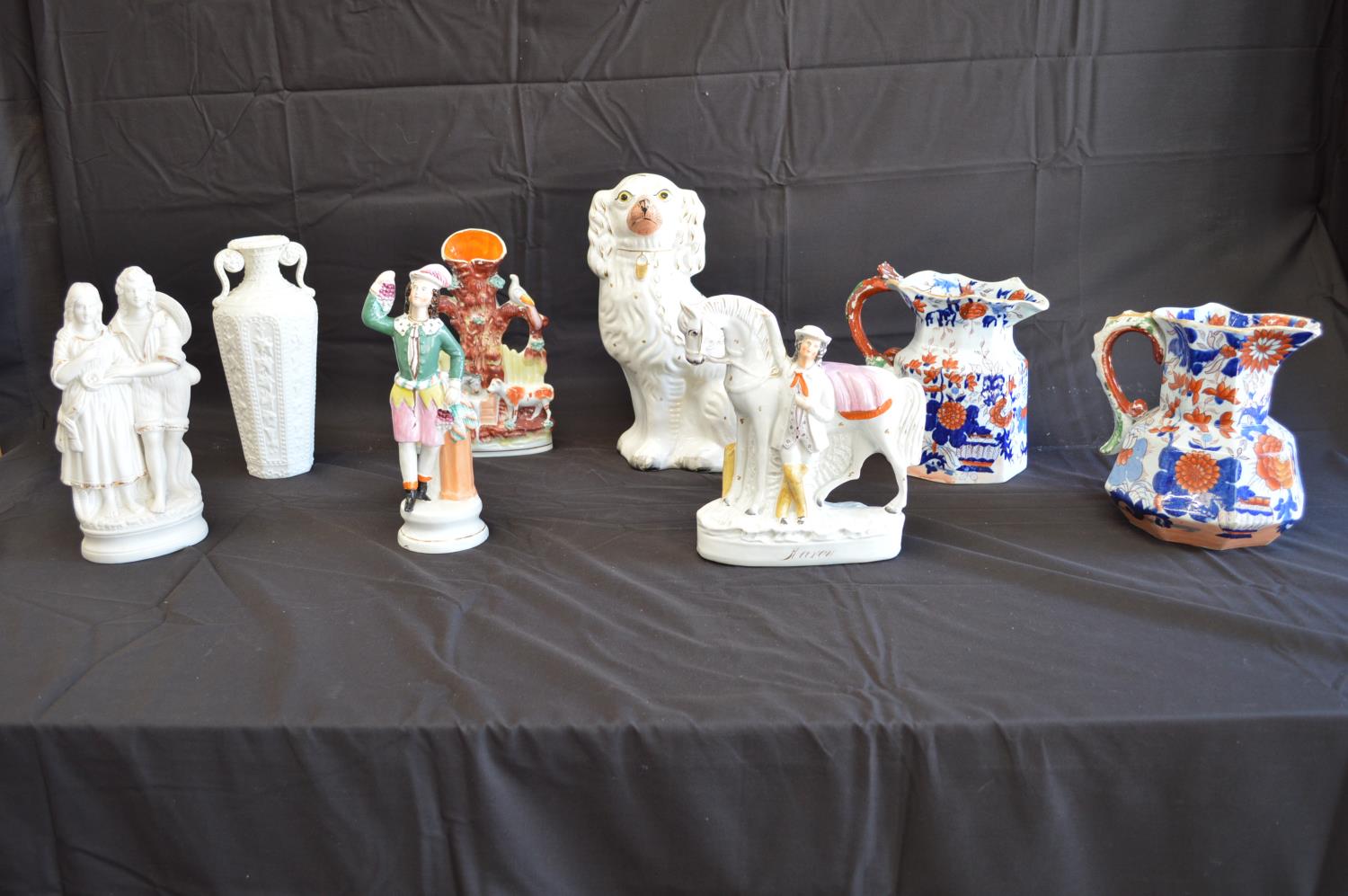 Group of ceramics to comprise: two Staffordshire figures, Staffordshire dog, Staffordshire vase,