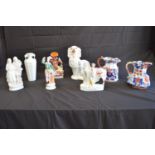 Group of ceramics to comprise: two Staffordshire figures, Staffordshire dog, Staffordshire vase,