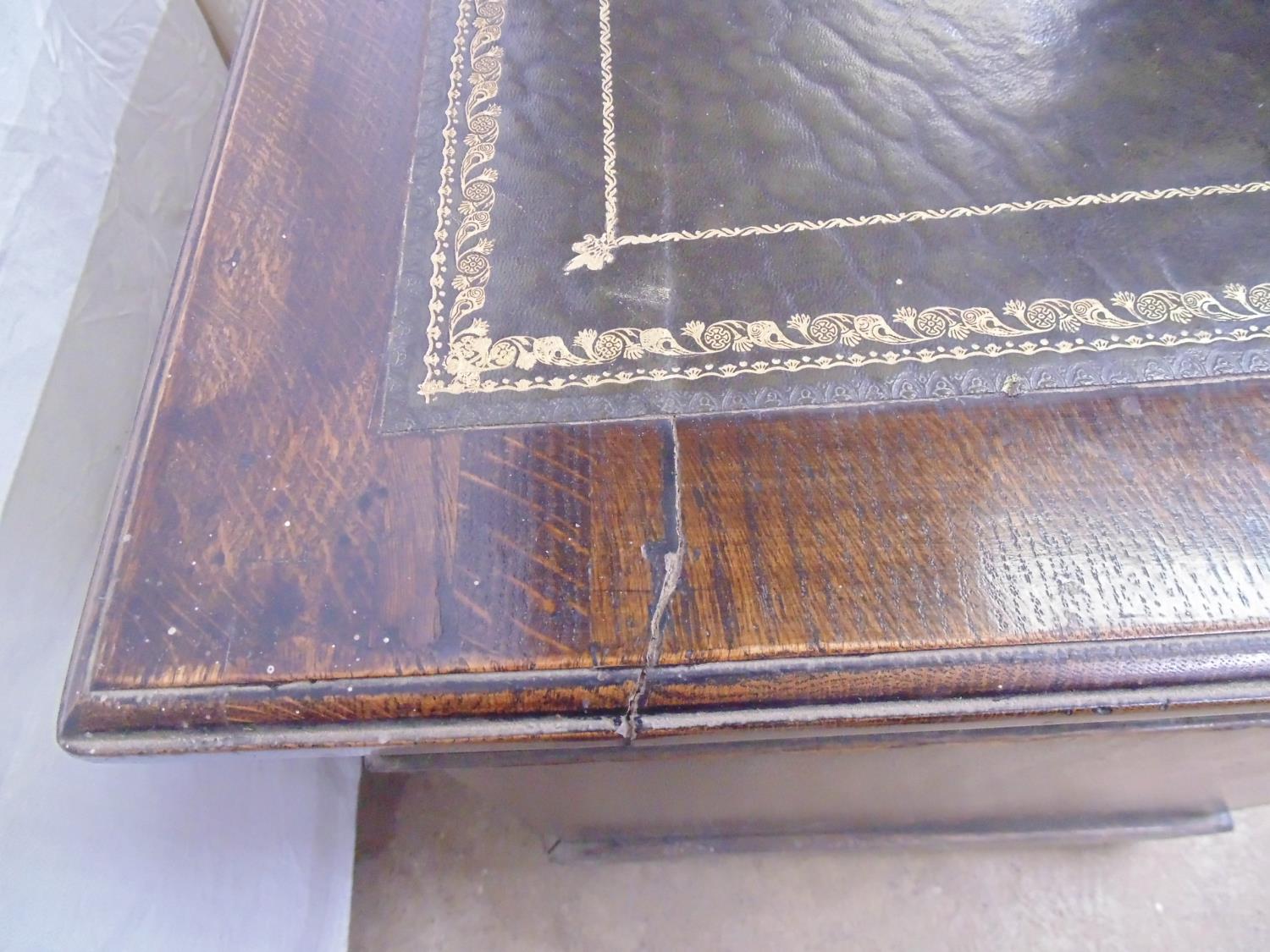 Oak twin pedestal desk having gilt tooled green leather inset top with an arrangement of nine - Image 4 of 5