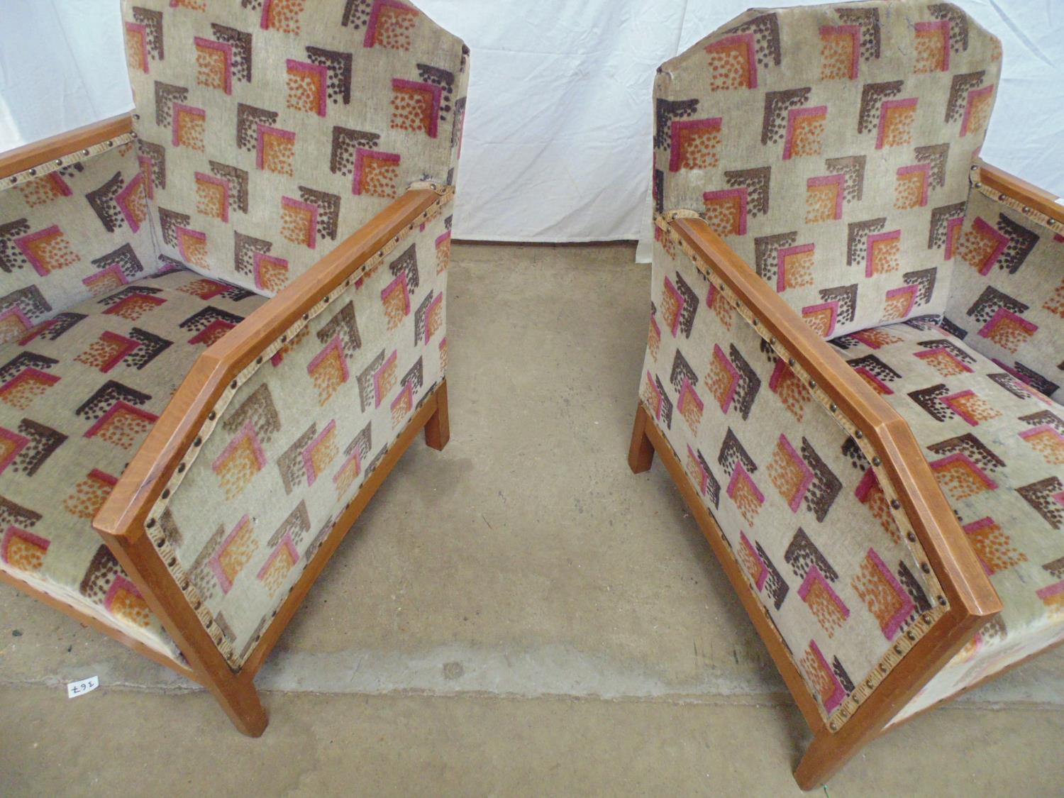 Pair of beech framed easy chairs with upholstered backs, sides and seat with stud work decoration, - Image 3 of 7