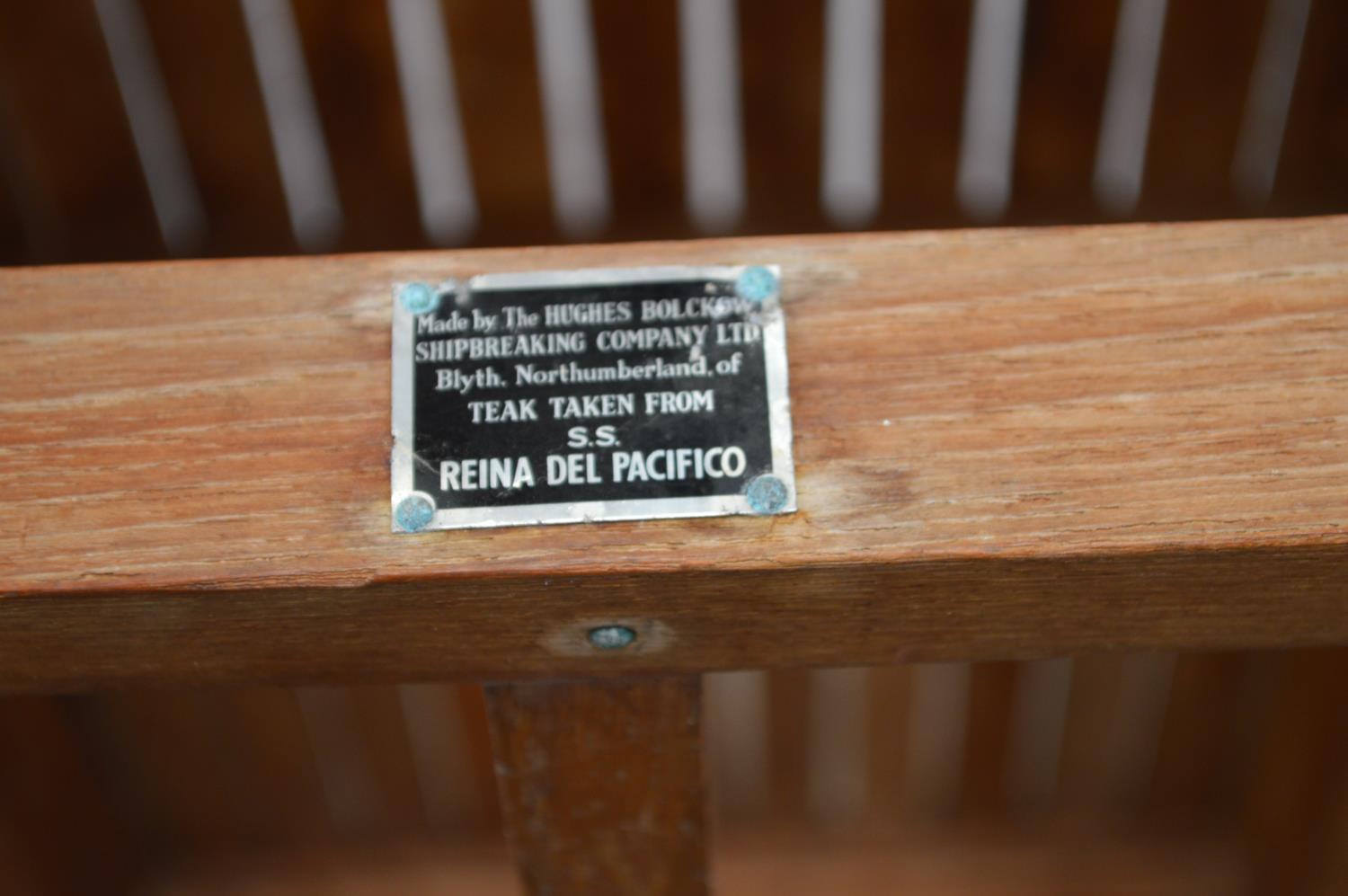 Teak coffee table with slatted top on stretchered moulded legs, bearing label for The Hughes Bolckow - Bild 2 aus 3