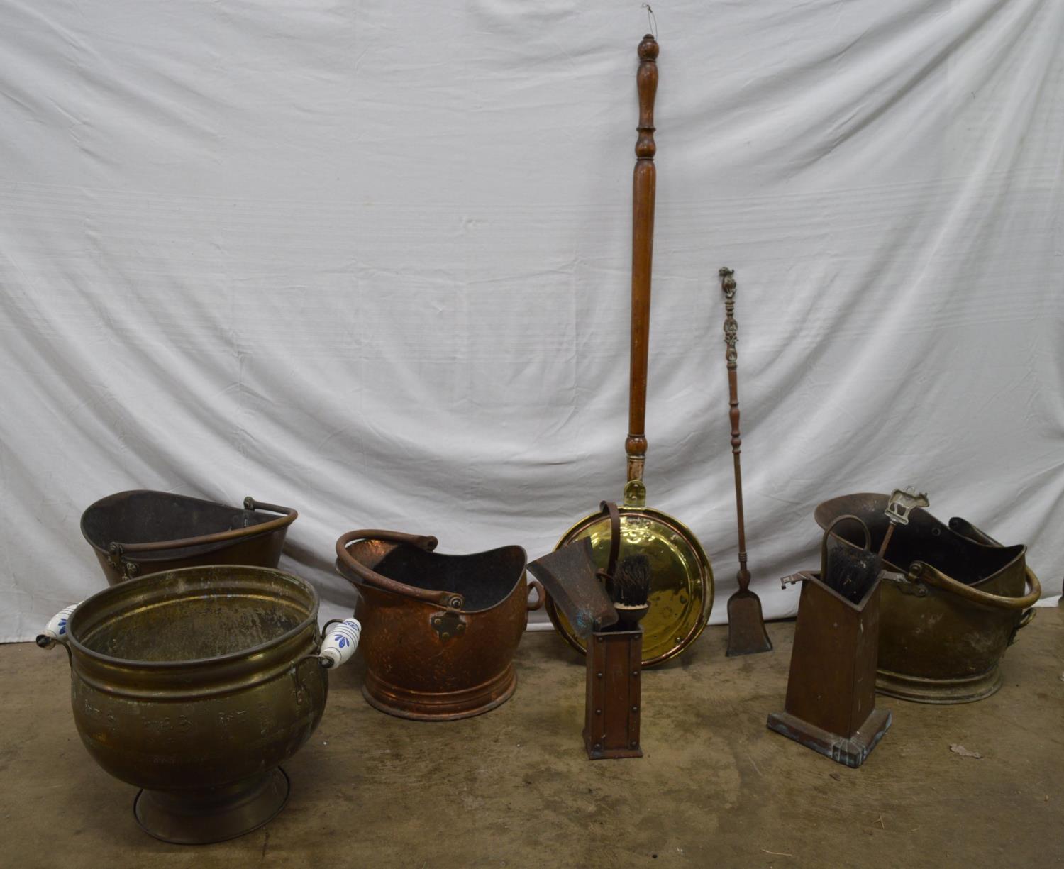 Group of four brass and copper coal scuttles together with a brass warming pan and fire side tools - Image 2 of 2